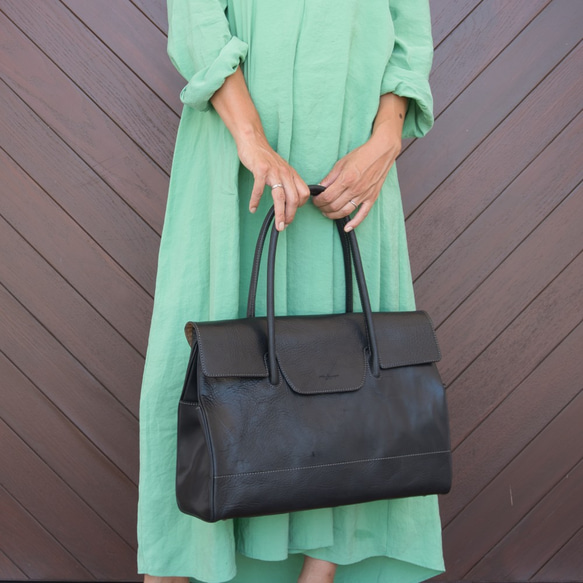 [日本製] フラップトートバッグ ブラック 最高級イタリアンレザー A4 ユニセックス Perla