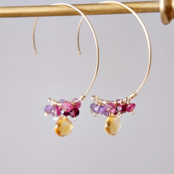 Bouquet 黃水晶×粉紅電氣石×紫水晶花束風耳環 第3張的照片