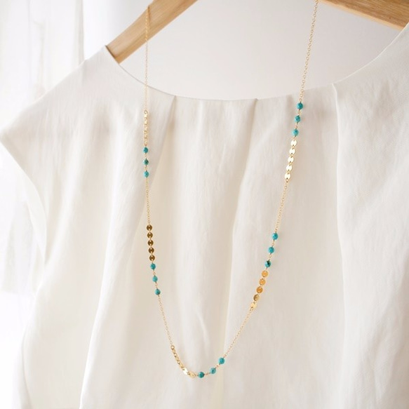 Turquoise × Gold disc   Long necklace 第1張的照片