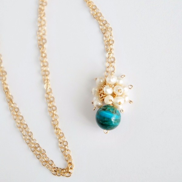 ブルーオパール×淡水パールのプチペンダント