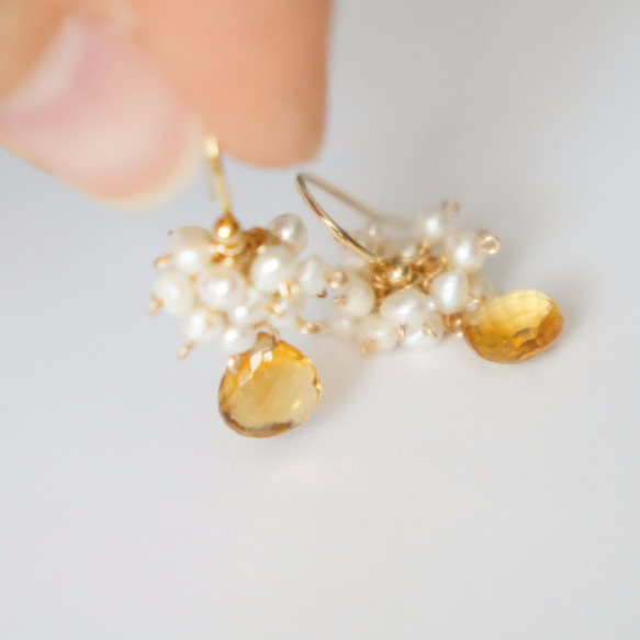Citrine×Freshwater pearl  Pierced earrings or Clip earring 第2張的照片