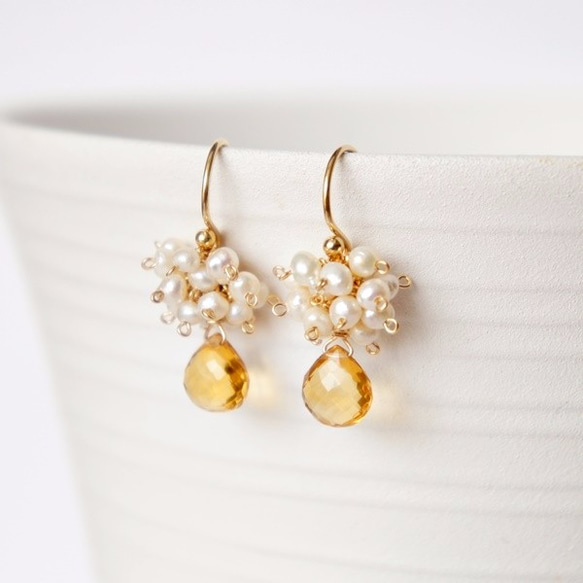 Citrine×Freshwater pearl  Pierced earrings or Clip earring 第4張的照片