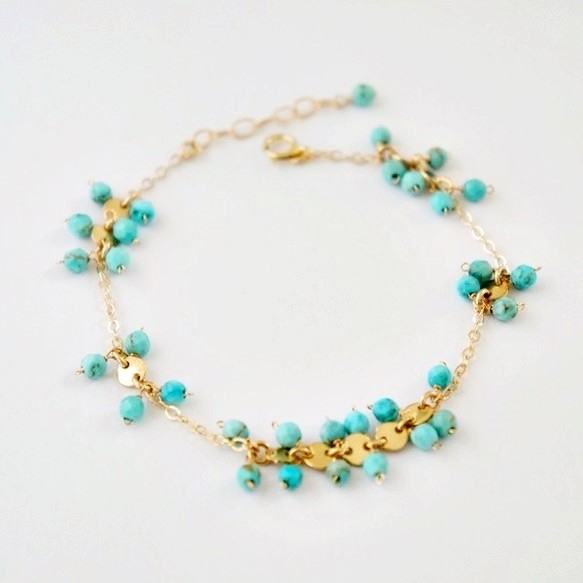 Lace ゴールドディスクと天然石のブレスレット　●ターコイズ●