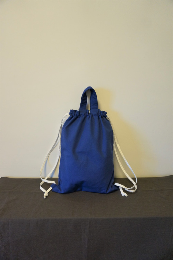 体操服袋：コットンキャンバス地のシンプルデザイン（青×白） No.0303 1枚目の画像