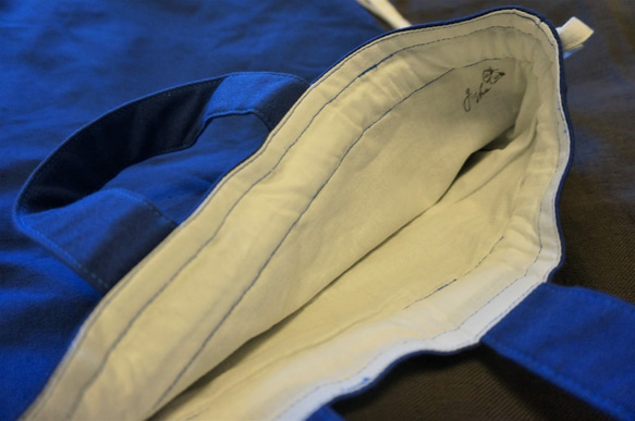 体操服袋：コットンキャンバス地のシンプルデザイン（青×白） No.0303 2枚目の画像