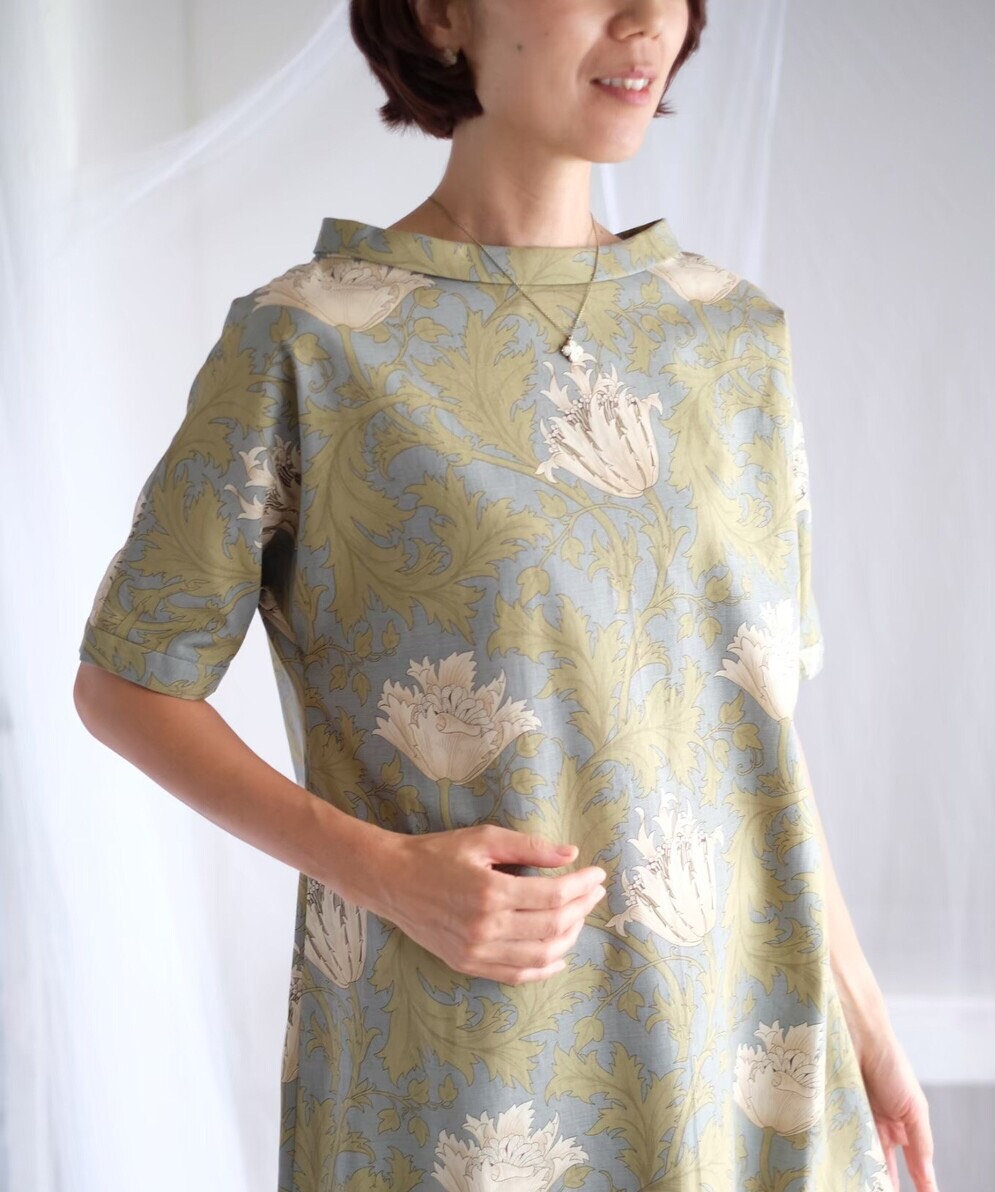 ワンピース【ダイアナ】選べるMorris生地　ロールカラー　半袖　ひざ下丈　上品　大人　クラシック　体型カバー