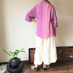 着物スリーブ手織り綿ブラウス　カッティングが綺麗でシンプルに着られるけどスッキリ見える７分袖ロールネック　ピンク絣 8枚目の画像