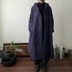 フード風襟の手織り綿バルーンコート　この秋冬、嵐山のお店で一番人気で裾切り替えもキュートなコート　紫絣 8枚目の画像
