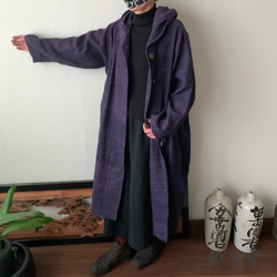 フード風襟の手織り綿バルーンコート　この秋冬、嵐山のお店で一番人気で裾切り替えもキュートなコート　紫絣 6枚目の画像