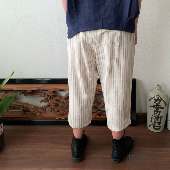 ヒップビックポケット手織り綿サルエルパンツ　白縞絣 5枚目の画像