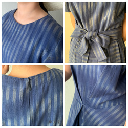 ウエストベルトで楽しめるラウンドネック手織り綿ワンピース　スカート部分のバイアスラインでよりエレガントに可愛く　青絣 9枚目の画像