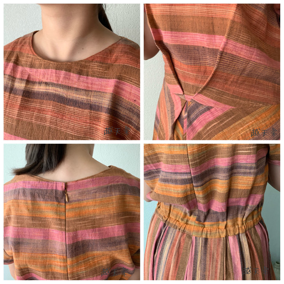 ウエストベルトで楽しめるラウンドネック手織り綿ワンピ　スカート部分のバイアスラインでエレガントに可愛く　ピンクオレンジ絣 9枚目の画像