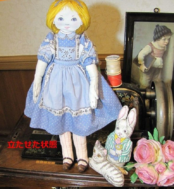 アンティーク 不思議の国のアリス ソフトプリント人形【うさぎ・チシャ猫付き】 布人形 3枚目の画像