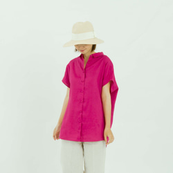 ［フレンチスリーブ・襟付きシャツ］リネン 赤紫色 3枚目の画像