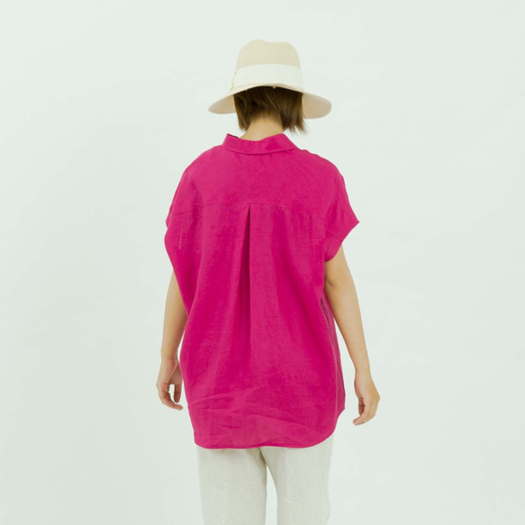 ［フレンチスリーブ・襟付きシャツ］リネン 赤紫色 4枚目の画像