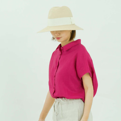 ［フレンチスリーブ・襟付きシャツ］リネン 赤紫色 5枚目の画像