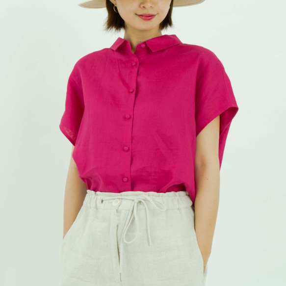 ［フレンチスリーブ・襟付きシャツ］リネン 赤紫色 6枚目の画像