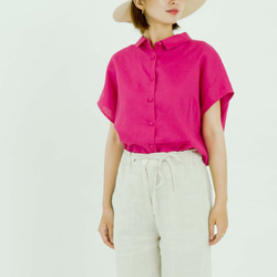 ［フレンチスリーブ・襟付きシャツ］リネン 赤紫色 7枚目の画像