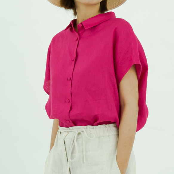 ［フレンチスリーブ・襟付きシャツ］リネン 赤紫色 8枚目の画像