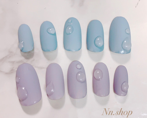 グレイッシュブルー♡ マット ぷっくり立体 水滴ネイル ネイルチップ