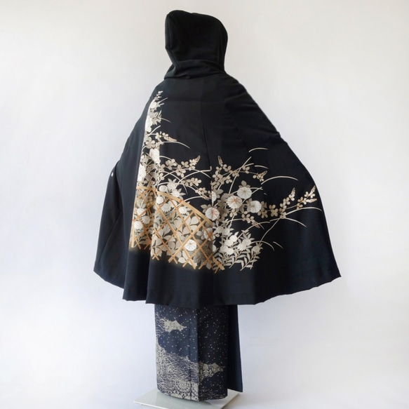 KIMONO 披風連帽日式和西式 Takegaki 花卉圖案和服翻新 1 件 第3張的照片