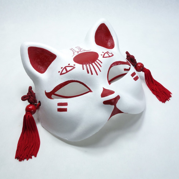 猫面（狐面）紅白/名入れ対応　和風・和装ハロウィン/パーティに【日輪】◆etc-ｚ-004 1枚目の画像