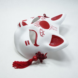 猫面（狐面）紅白/名入れ対応　和風・和装ハロウィン/パーティに【日輪】◆etc-ｚ-004 2枚目の画像