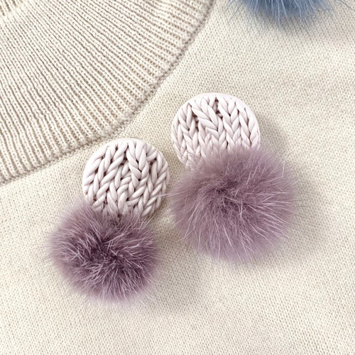 ポリマークレイニット柄ミンクファーピアス・イヤリング pb ピアス