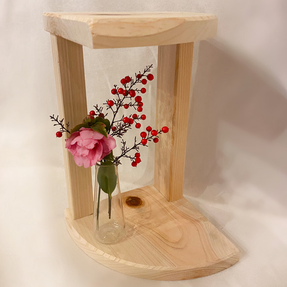 和風桧飾り棚(ハンドメイド) コーナーラック オリジナル作品 収納グッズ 天然無垢材 ヒノキ 檜材
