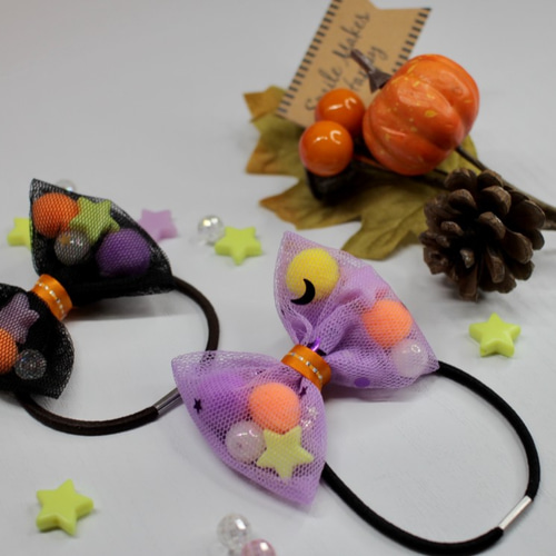 ハロウィンカラー☆チュール生地ビーズ入りヘアゴム(2個セット） 雑貨 