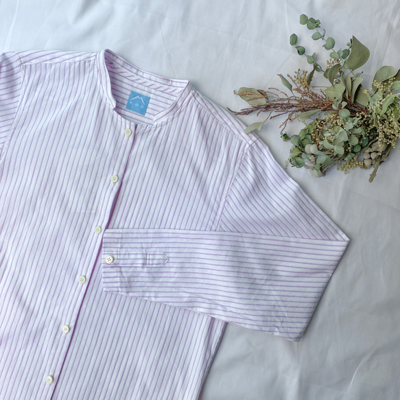 遠州織物「レディース　ストライプシャツ ノーマリーデザイン」ピンク 1枚目の画像
