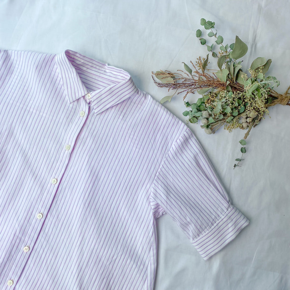 遠州織物　「レディース ストライプ 半袖シャツ」ピンク 1枚目の画像
