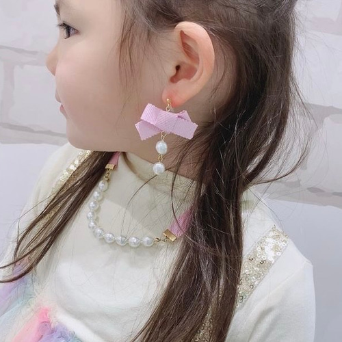 ☆金具選択☆パール×グログランリボンイヤリング ピンク アクセサリー 