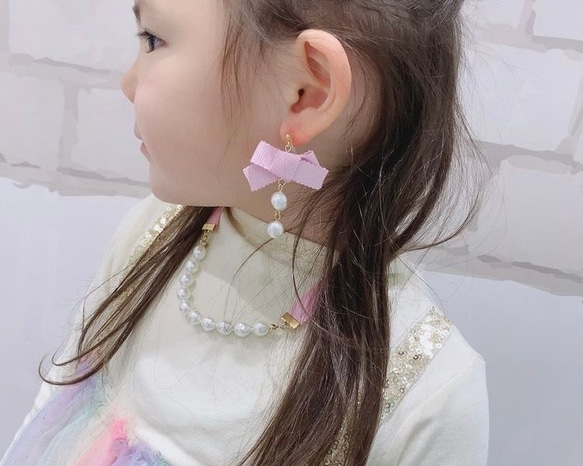☆金具選択☆パール×グログランリボンイヤリング ピンク アクセサリー