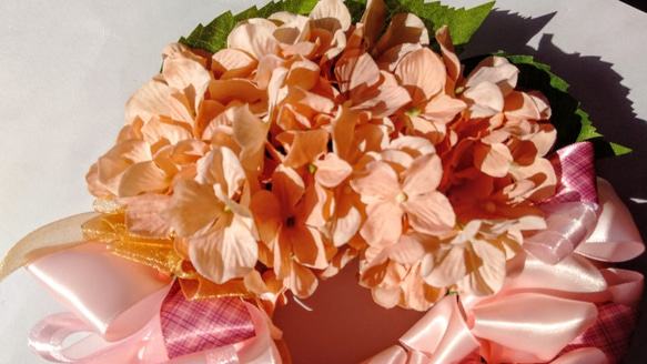 リボンリース  アーティフィシャルフラワー紫陽花 ピンク&オレンジ 3枚目の画像