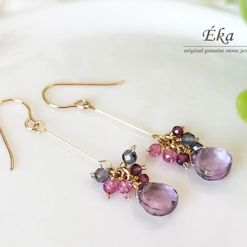 14kgf*アメジスト・極小天然石*フラワーバーピアス／イヤリング ピアス 