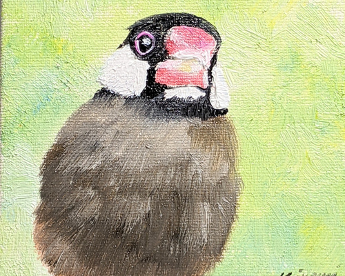 文鳥のラブレター　油絵　原画　ミニ絵画　オリジナル シマエナガ 北海道 油絵 ミニ絵画 原画 手描き オリジナル