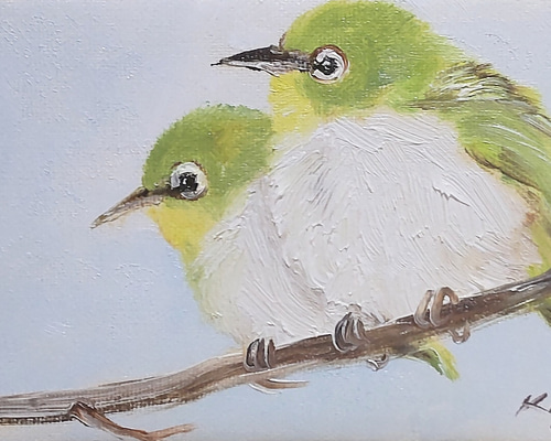油彩画 メジロ　約20cm x 20cm 油彩画 メジロ 約20cm x 20cm