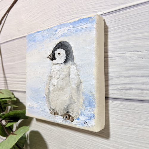 絵画　油絵　原画　動物　ペンギン　ブルー　夏　アート　インテリア　F4 絵画油絵原画動物ペンギンブルー夏アートインテリアF4