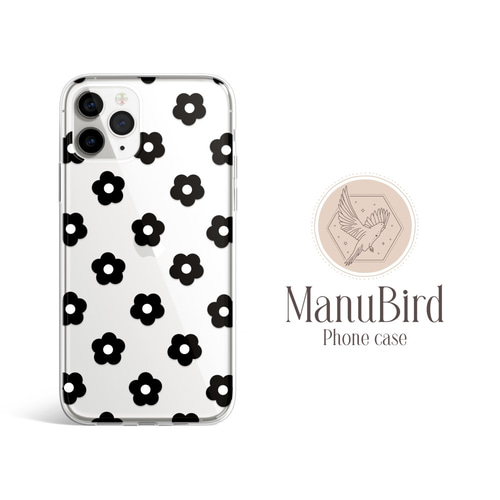 ほぼ全機種対応 花 花柄 白黒 クリア シンプル かわいい おしゃれ