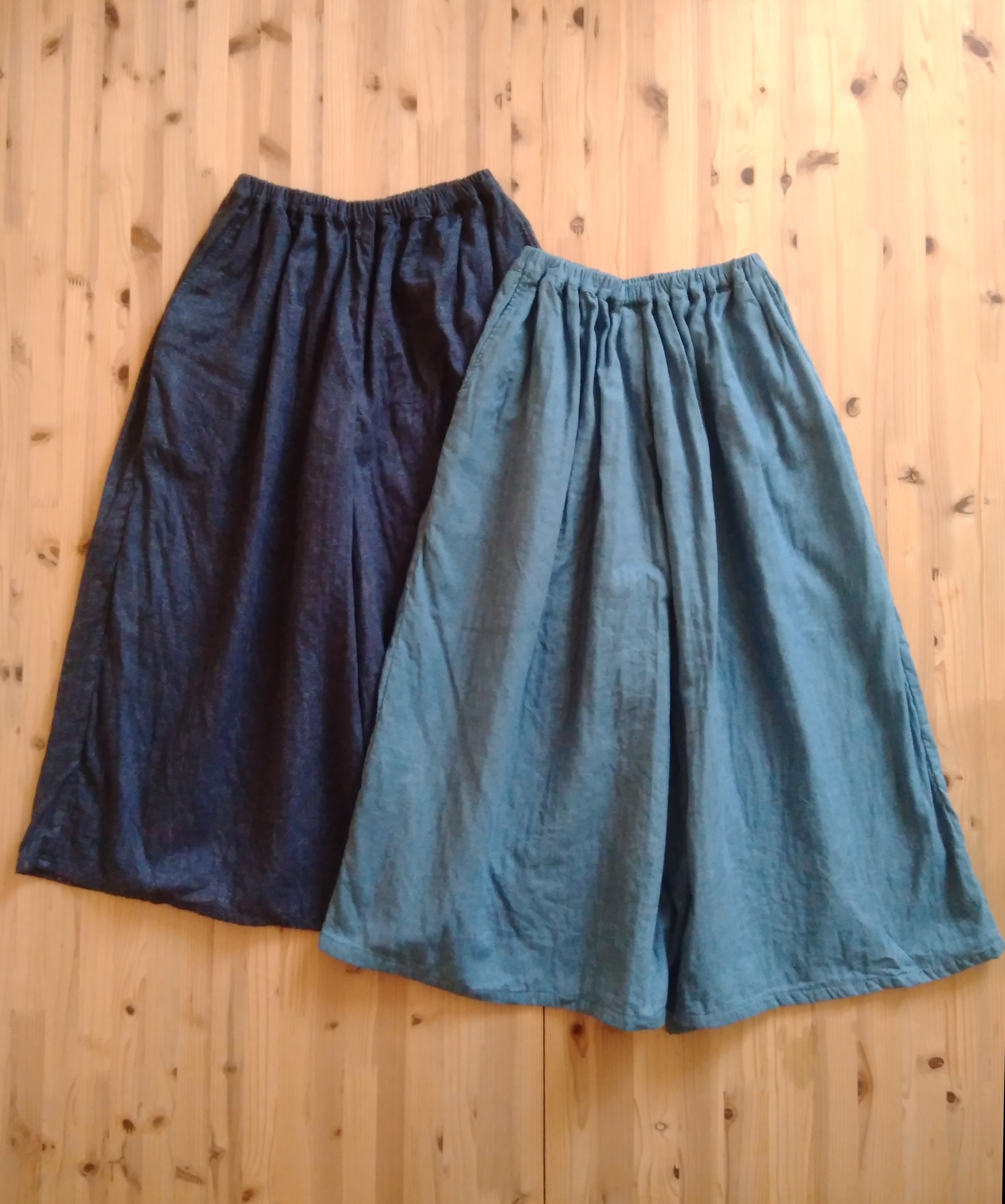 ギャザーワイドパンツ《総丈80cm》　デニム風　ダブルガーゼ