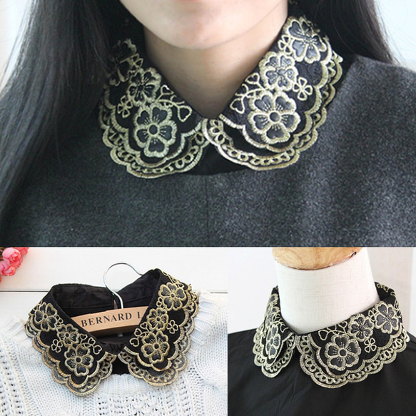 ペトラ【PETRA】付け襟　付けカラー フラワー刺繍つけ襟　ゴールドフラワーつけ襟 3枚目の画像