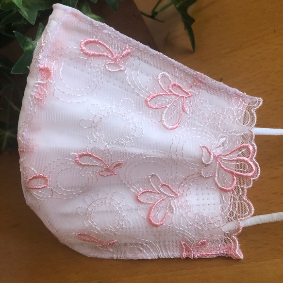 数量限定☆175 不織布マスクカバー ピンク刺繍✨チュールレース　肌面シルク 5枚目の画像