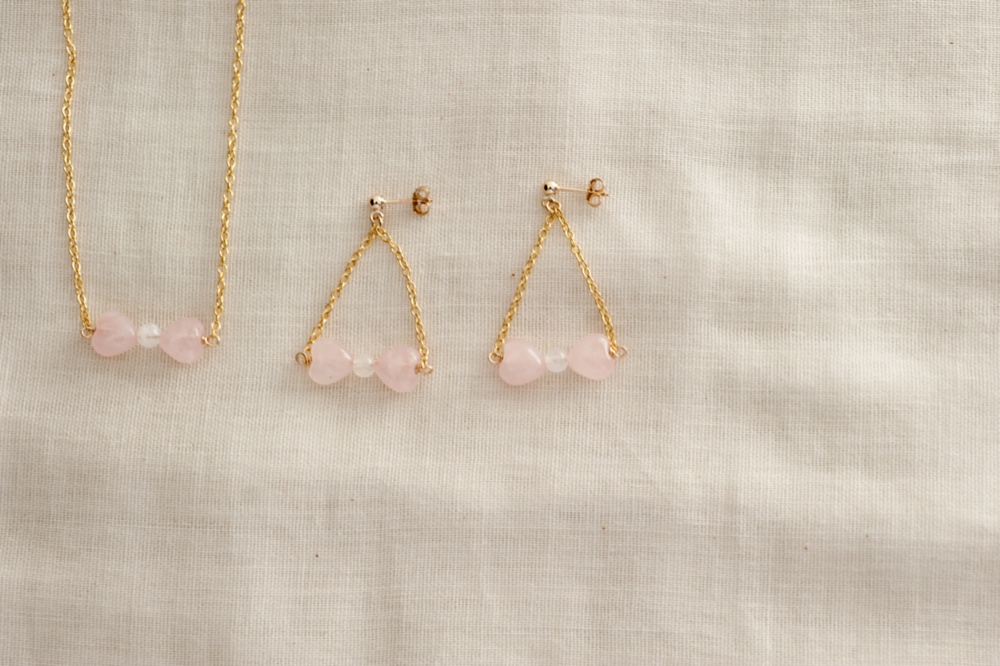 【セット割】ローズクオーツのミニリボン ネックレス・ピアス