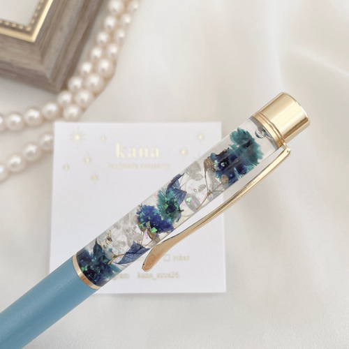 名入れ可能♡エメラルドグリーンのハーバリウムボールペン 青 誕生日