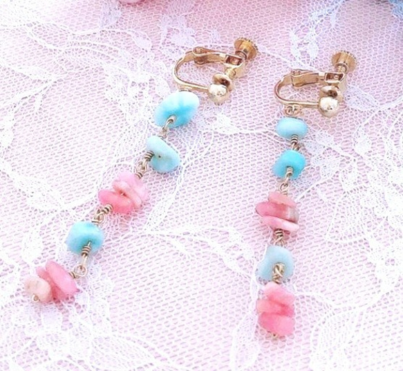 Rhodochrosite&Larimar LOVE earrings  E0006 第2張的照片