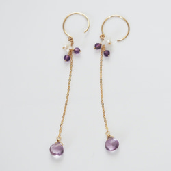 [14KGF]寶石品質的粉紅紫水晶和貝殼馬龍切工半長耳環P0108 第2張的照片