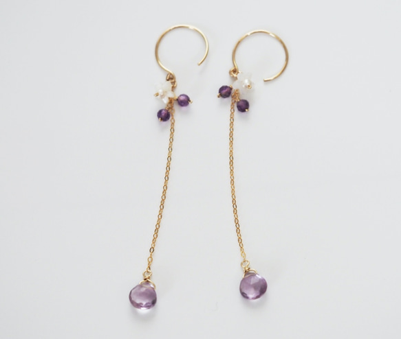 [14KGF]寶石品質的粉紅紫水晶和貝殼馬龍切工半長耳環P0108 第2張的照片