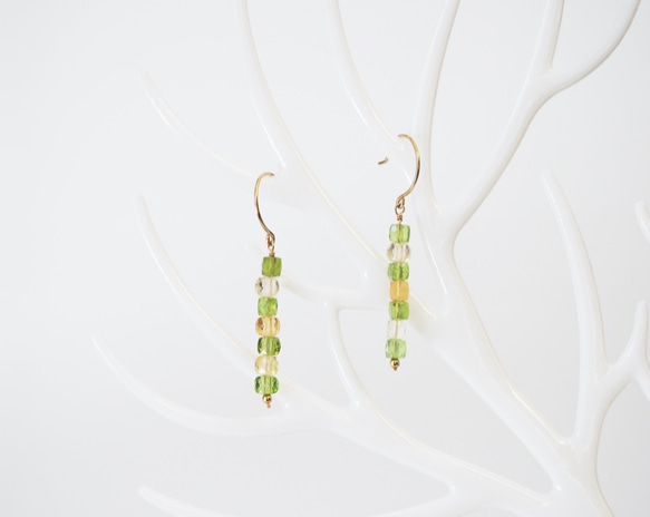 [14KGF] Citrine & Peridot Citrus cube pierced earrings P0117 第2張的照片