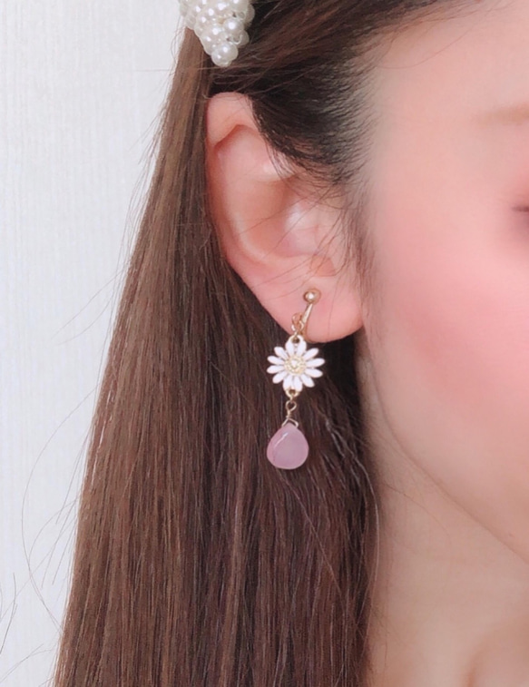 &lt;2分只&gt;【18K多變】淡粉色翡翠（翡翠）和瑪格麗特穿孔耳環-奇蹟石P0134 第6張的照片